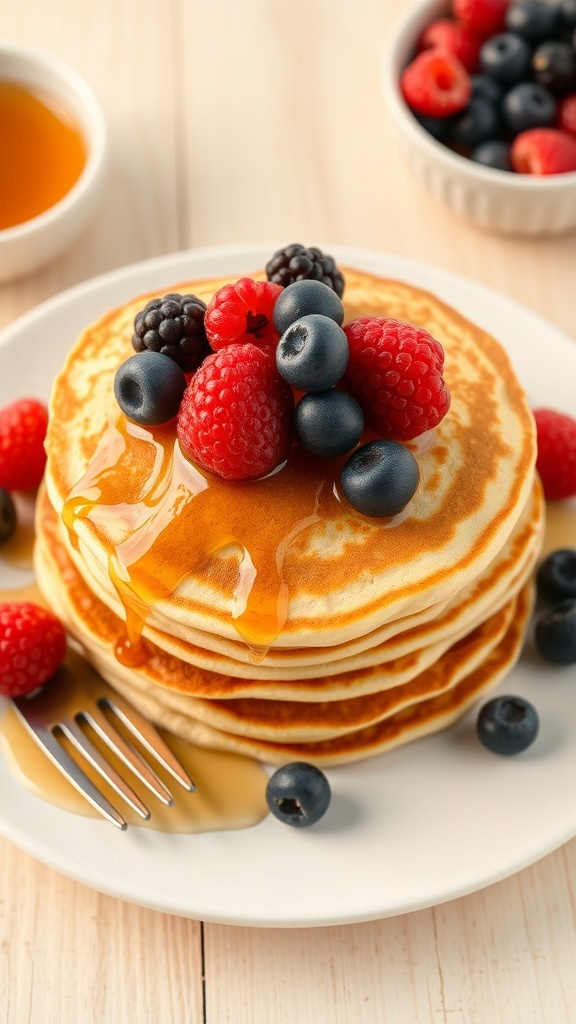 Fluffy zero point pancakes topped with berries and honey on a white plate.
